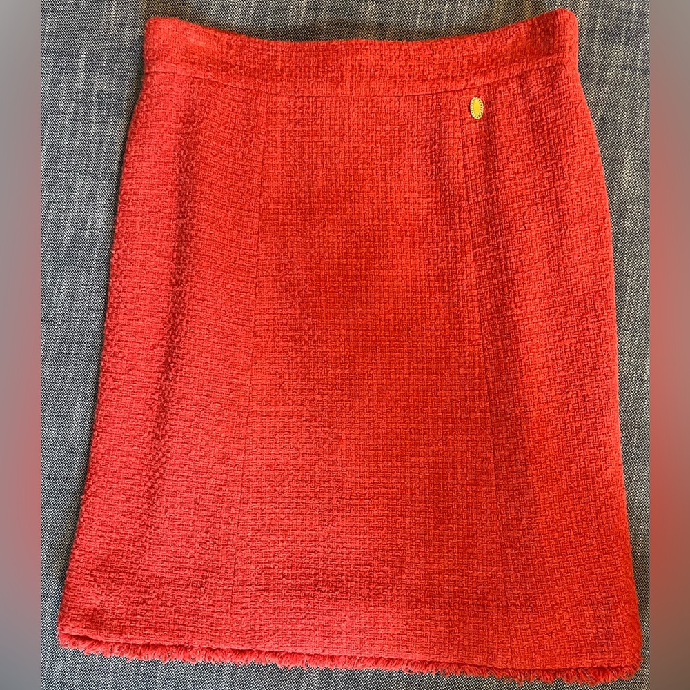 CHANEL Orange Red Coral Vermillion Tweed Skirt Size 40 (8) Fringe moving sale